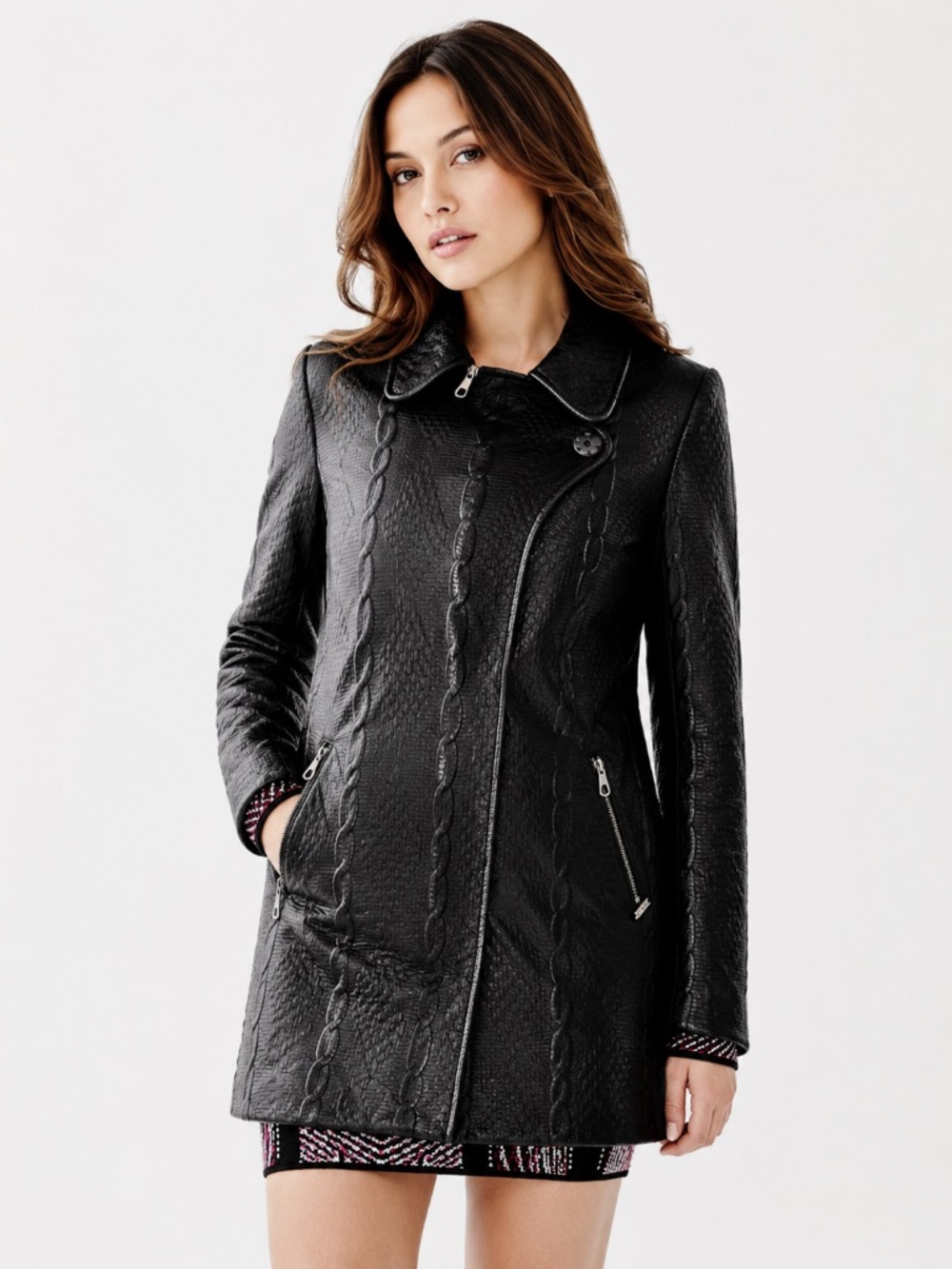 GUESS Yelena Coated Trench Coat Jacket Black XS Textured Faux Leather